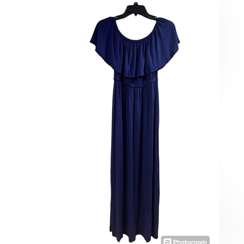 Elegant Navy‎ Blue Off-Shoulder Maxi Dress Flowy, Boho-Inspired, Summer Chic XS
